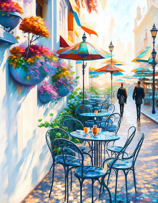 Colorful Street Scene with Blue Chairs, Flowers, Umbrellas, and Pedestrian