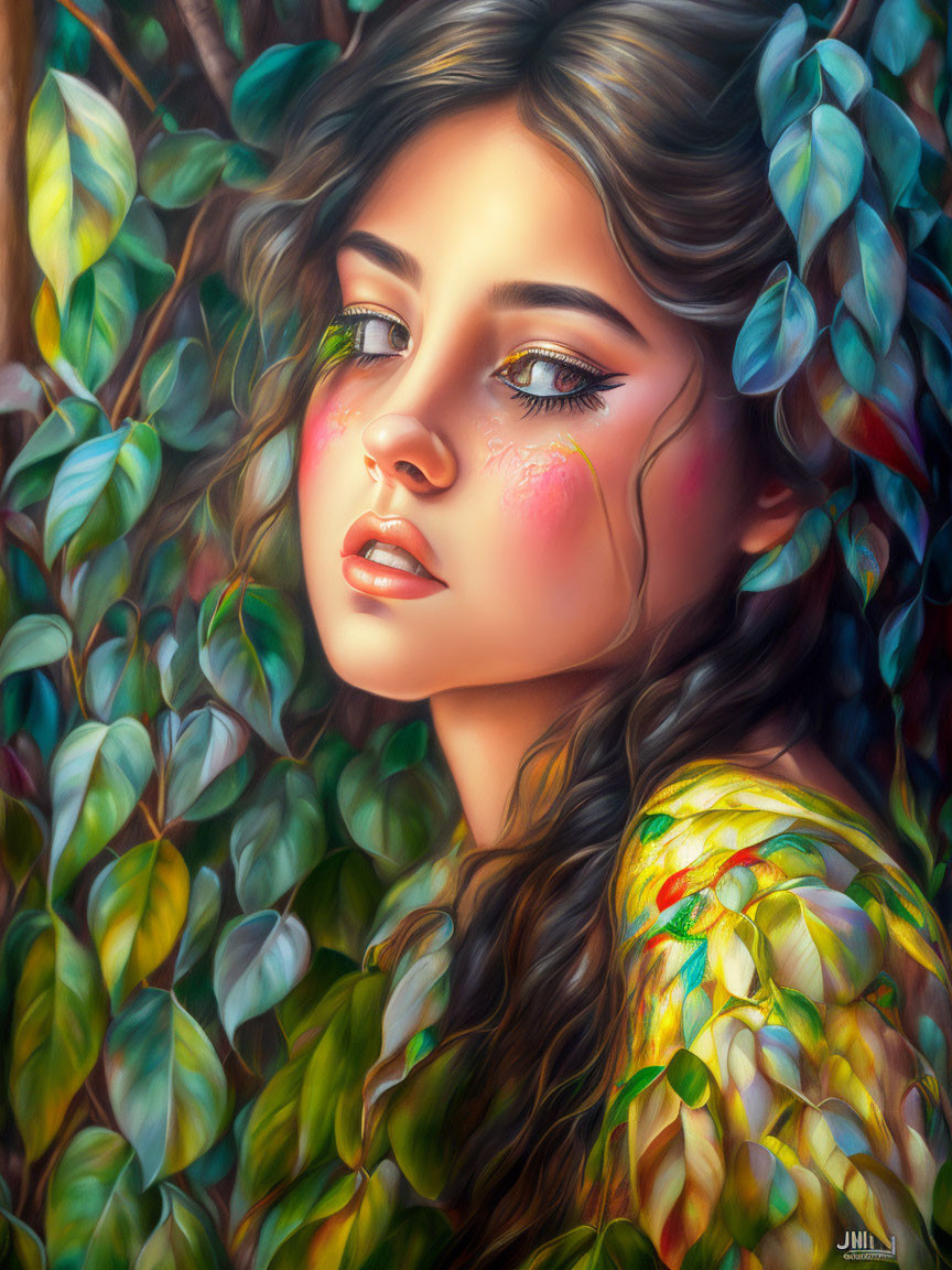 Portrait of woman with wavy hair among green leaves, blushing cheeks, dreamy gaze