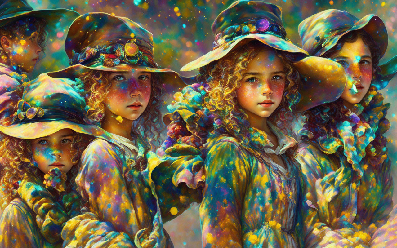 Surreal artwork: Four children with cosmic skin and celestial hats