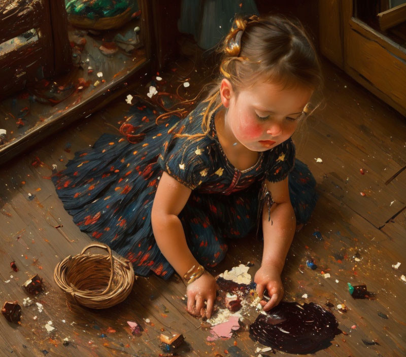 Young girl in blue dress surrounded by sweets and chocolate smear