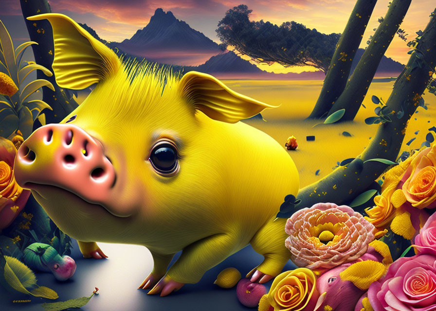 Colorful Cartoonish Yellow Pig Artwork with Sunset and Flowers