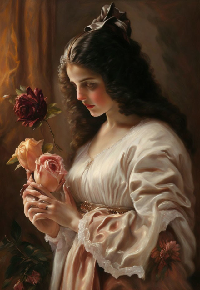 Vintage Attired Woman Holding Roses in Contemplative Pose on Warm Backdrop