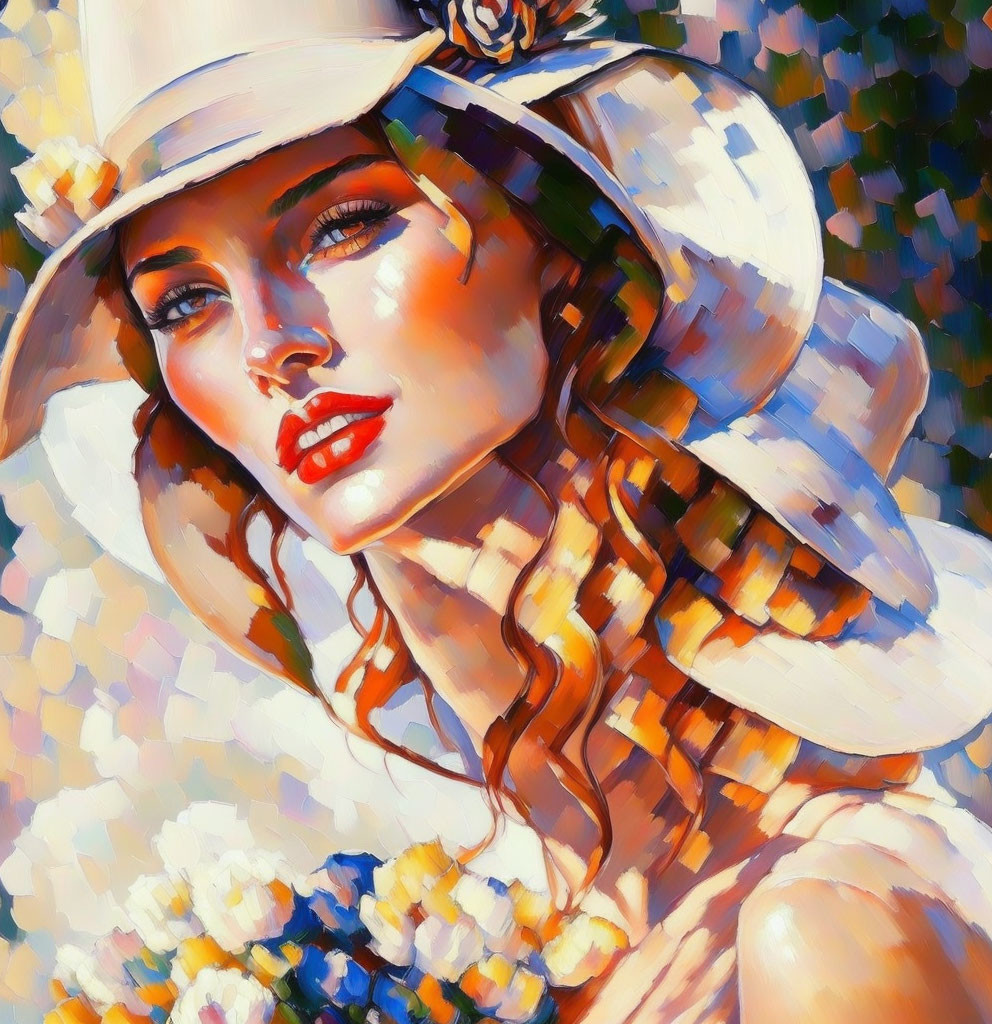 Vibrant painting of woman in wide-brimmed hat against colorful background