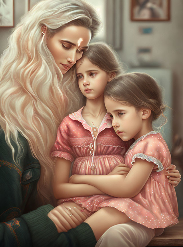 Digital painting of woman with long white hair embracing two young girls in cozy interior.