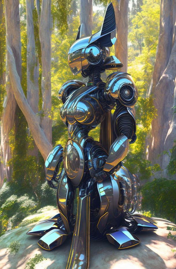 Glossy black and teal robot with expressive eyes in sunlit forest