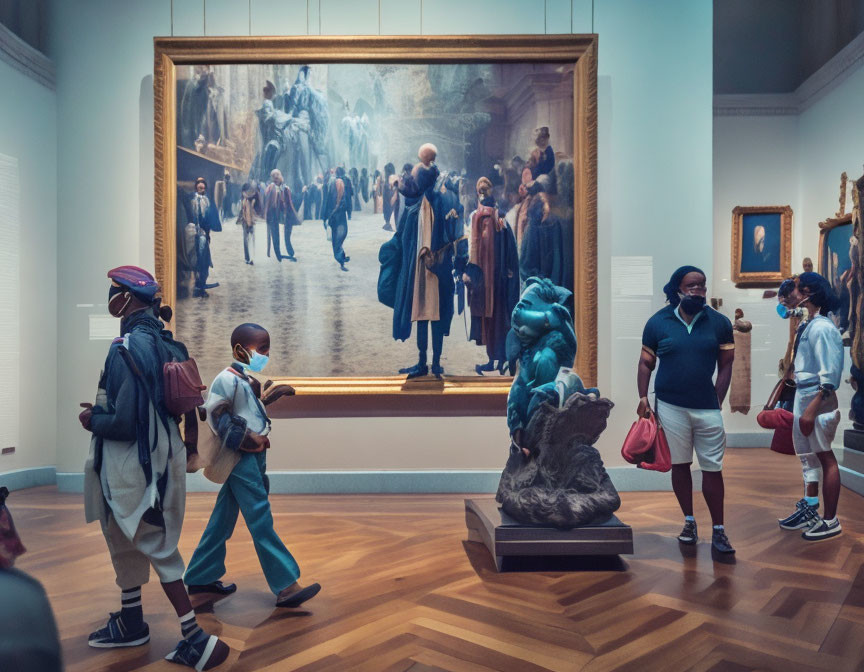 Schoolchildren with backpacks and masks looking at painting in art gallery with sculpture.