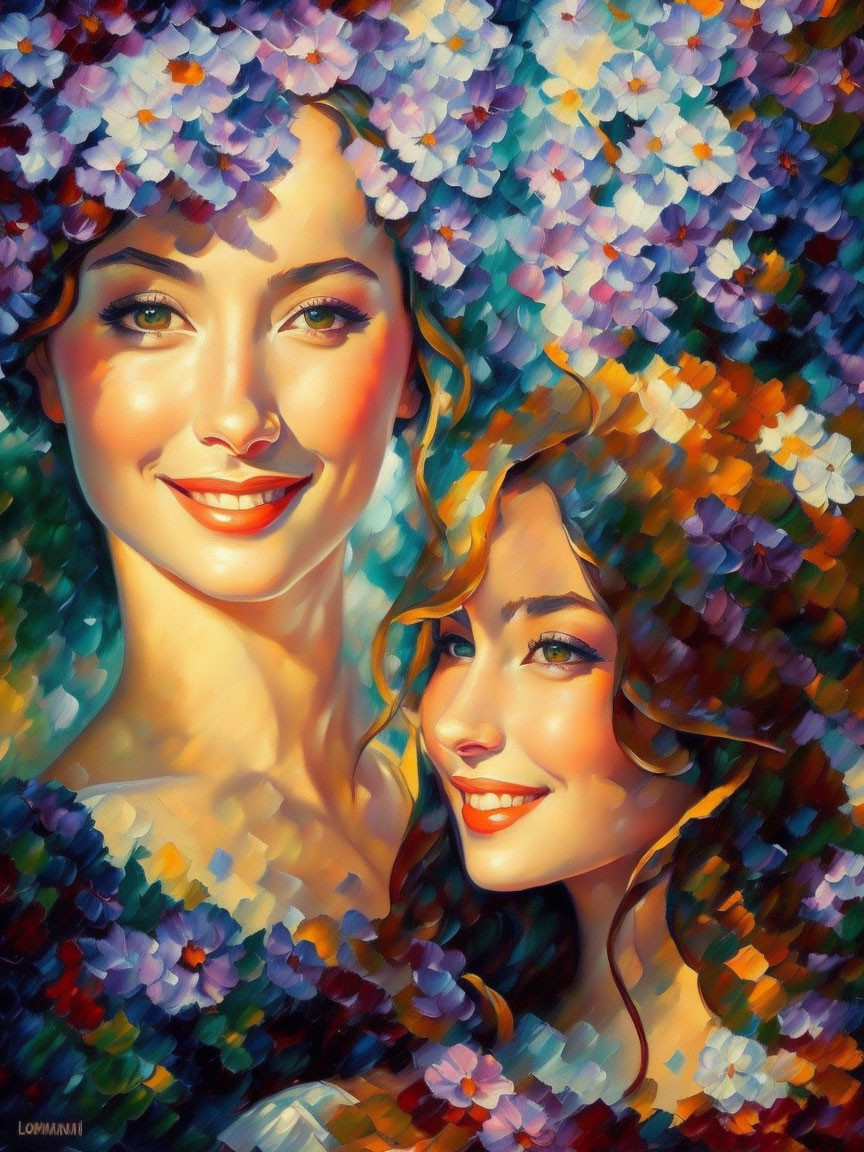 Vibrant Impressionist painting of smiling women and flowers