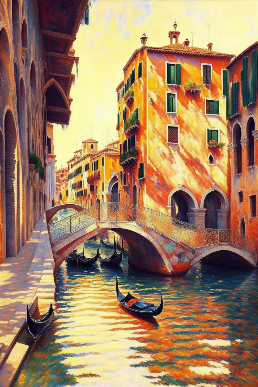 Venice Canal Painting with Gondolas and Ornate Bridge