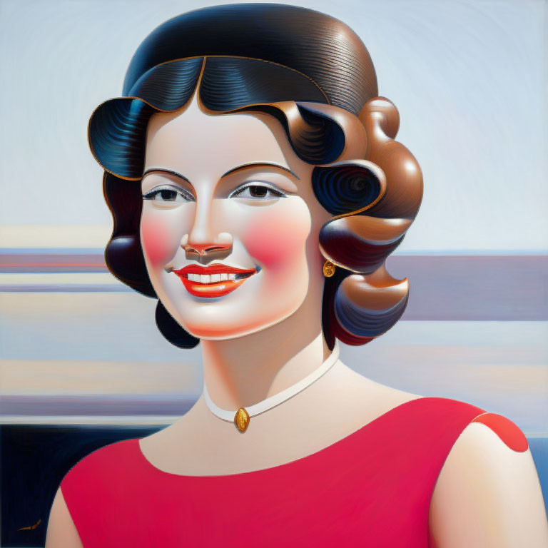 Smiling woman in vintage hairstyle and red dress on striped background