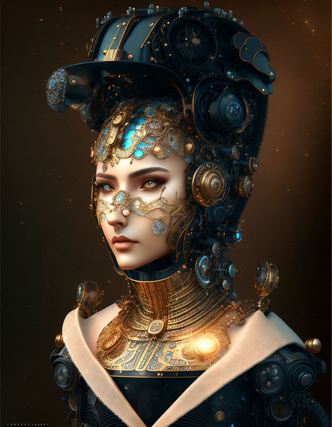 Detailed Steampunk-style Woman Illustration with Mechanical Headgear