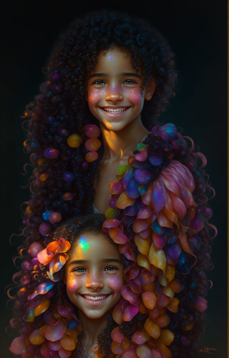 Colorful digital artwork: Two girls with grape-like hair in purple, red, and orange.