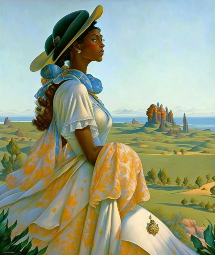 Woman in flowing dress and wide-brimmed hat against scenic backdrop.