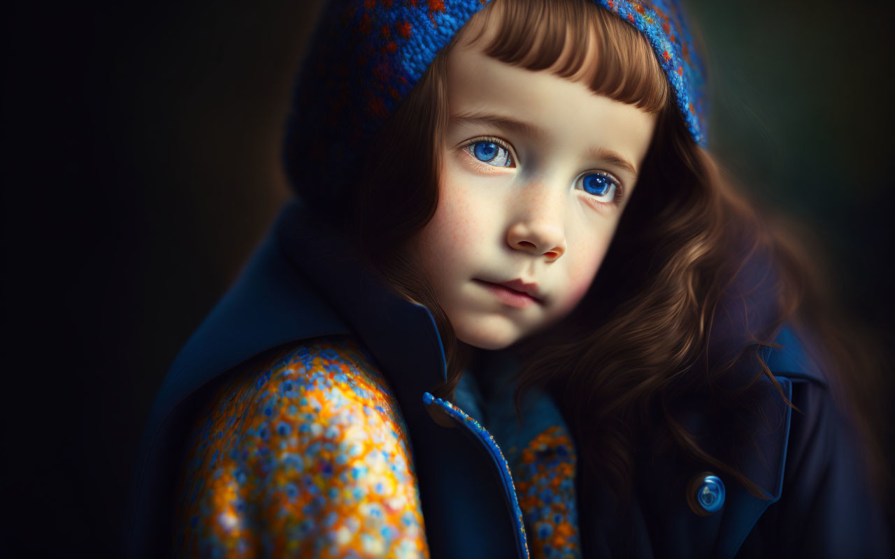 Young child in blue beret and coat gazes thoughtfully in dark setting