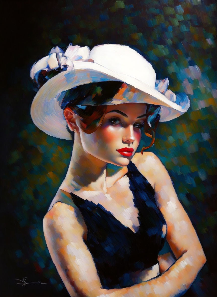 Portrait of Woman in White Hat & Black Dress Against Colorful Background