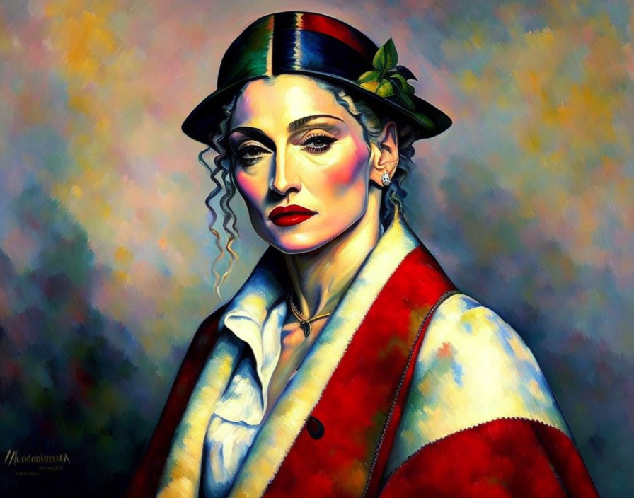 Vibrant portrait of a woman in green hat and red cloak