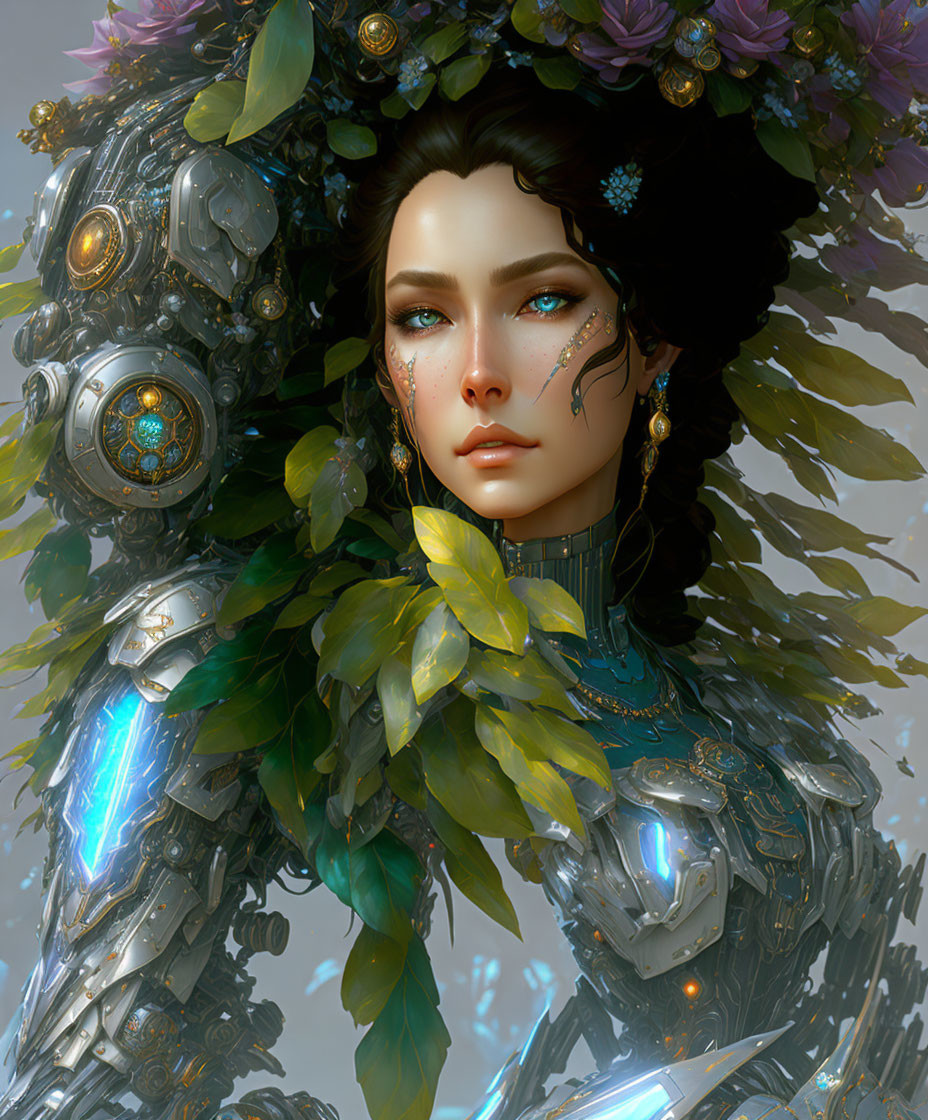 Digital artwork: Serene woman in ornate armor with glowing blue accents, green leaves, and purple