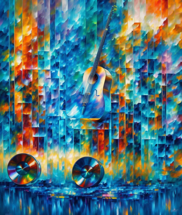 Colorful abstract painting with guitar, speakers, and glossy surface