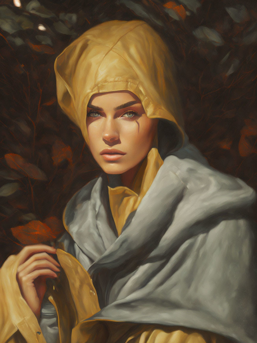 Person with Striking Eyes in Yellow Headscarf against Dark Autumn Background