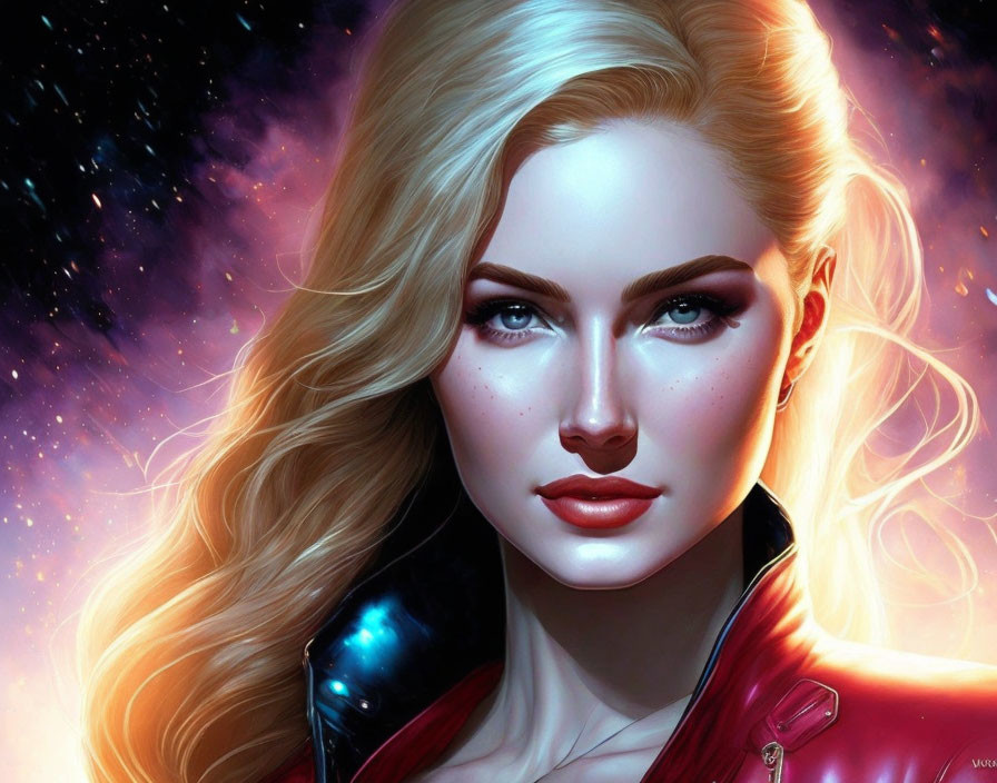 Blonde Woman Portrait with Blue Eyes in Cosmic Setting