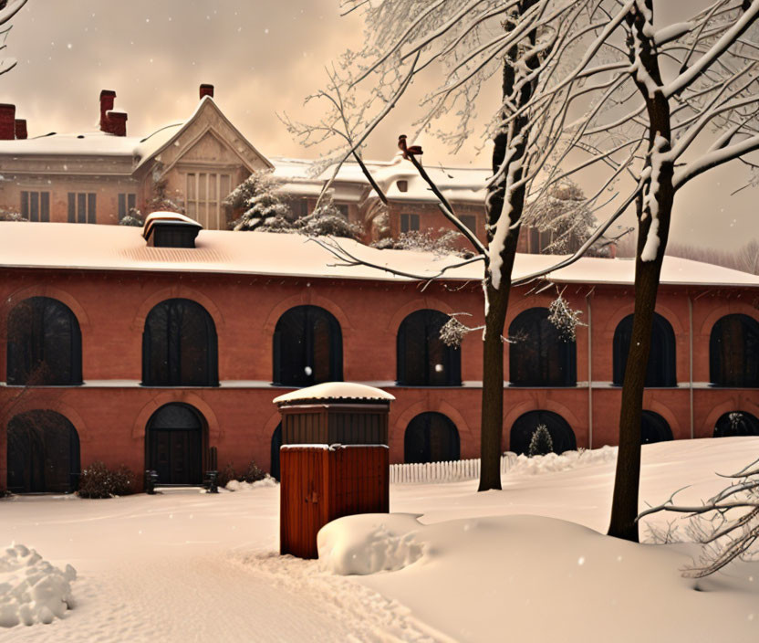 Snow-covered building with arched windows and warm lighting in serene winter setting