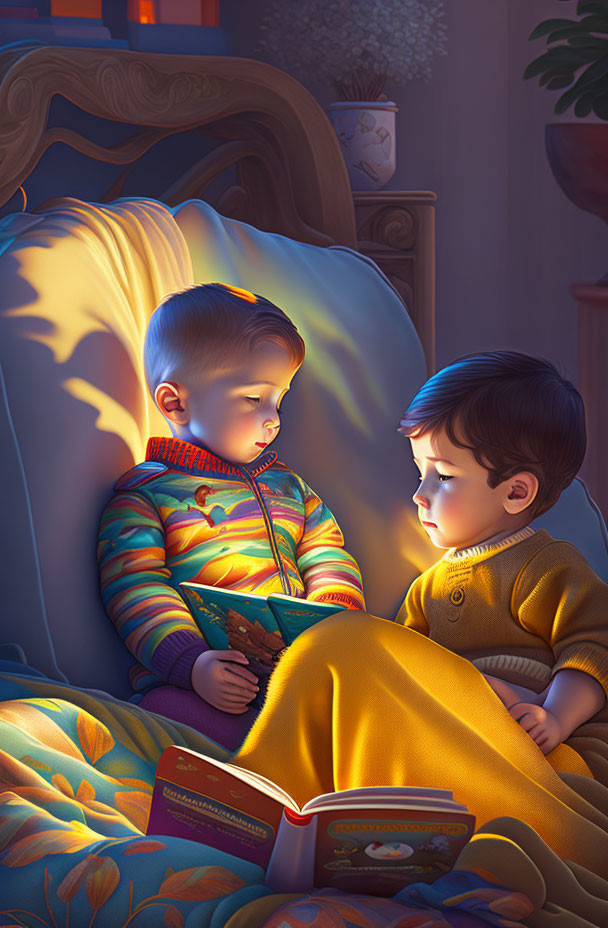 Children reading book together in bed under gentle light