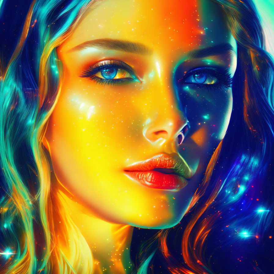 Colorful cosmic portrait of a woman with starry skin, blue eyes, and neon hair