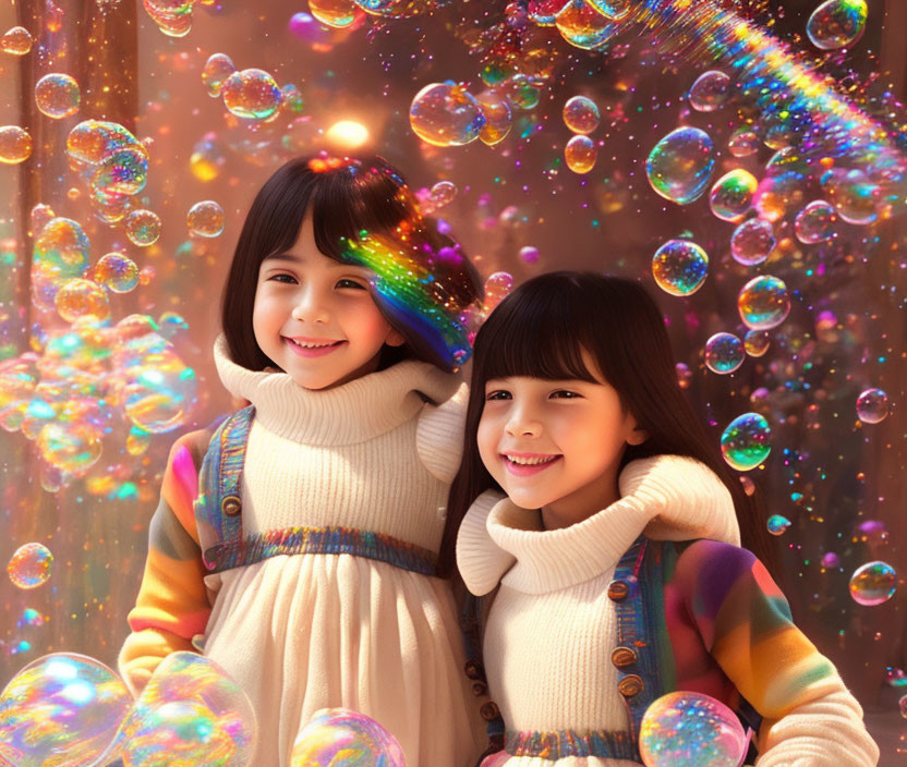 Smiling children with colorful bubbles and rainbow background