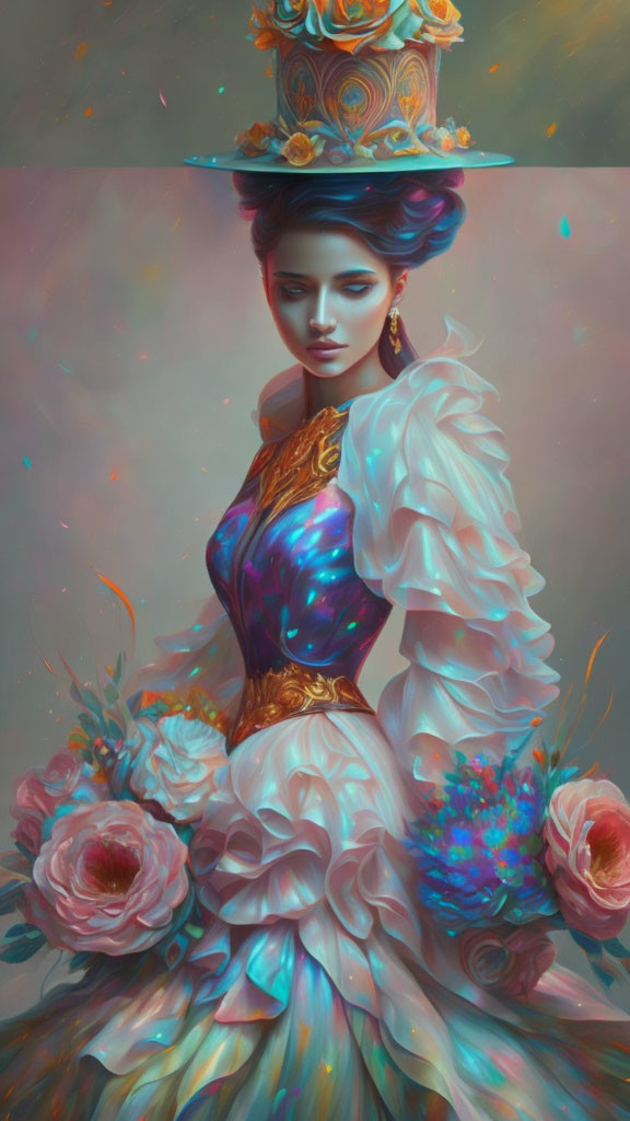 Luxurious Woman in Iridescent Dress and Ornate Flower Hat