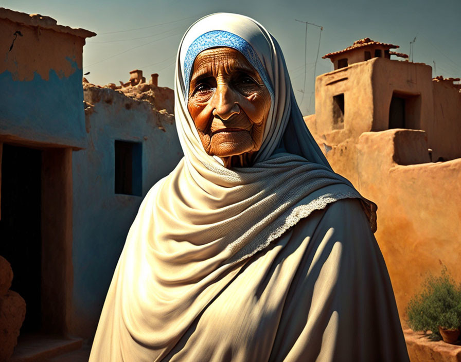 Elderly woman in headscarf in rural setting with earthen buildings