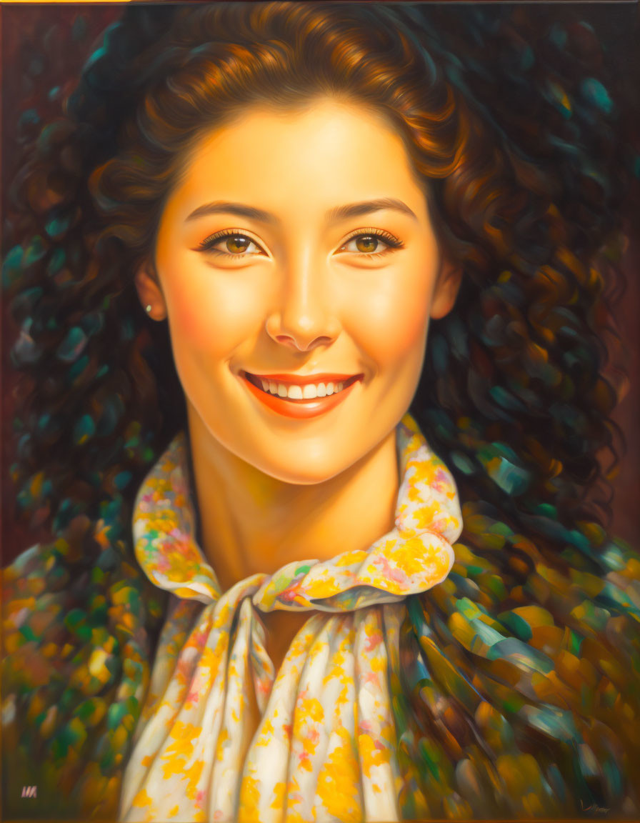 Smiling woman with curly hair and floral scarf portrait