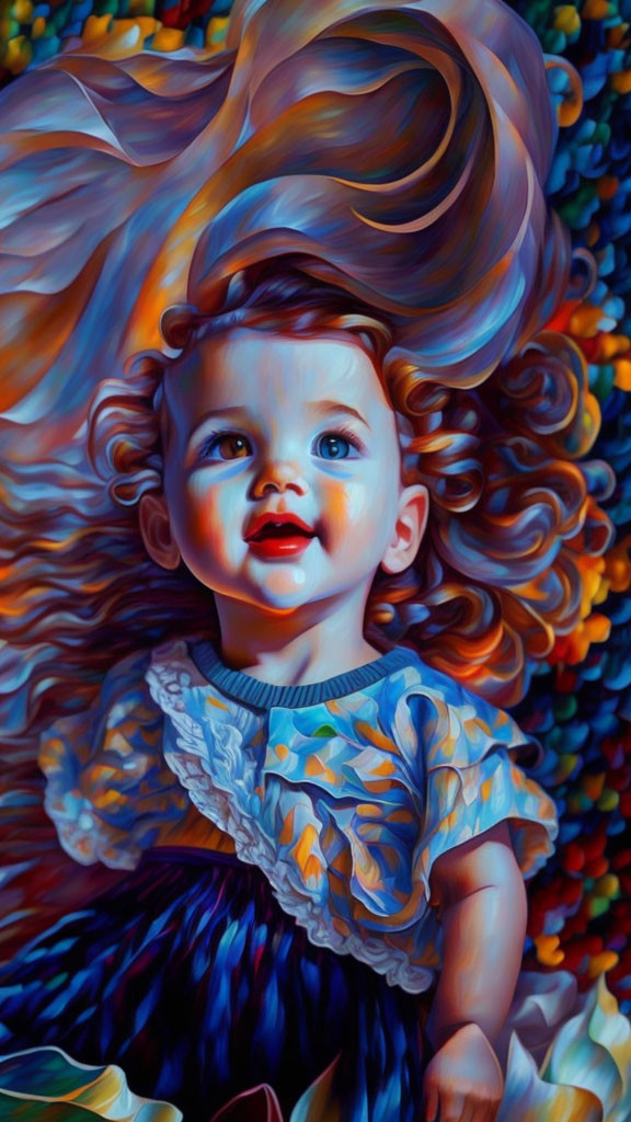 Digitally stylized toddler with flowing hair and blue dress on vibrant background