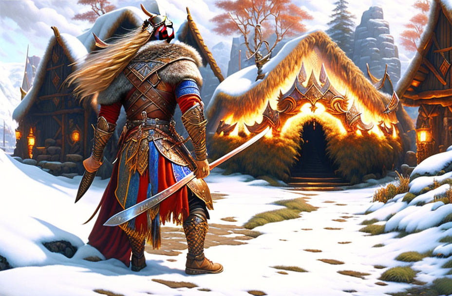 Ornate armored warrior with sword in snow-covered Viking village