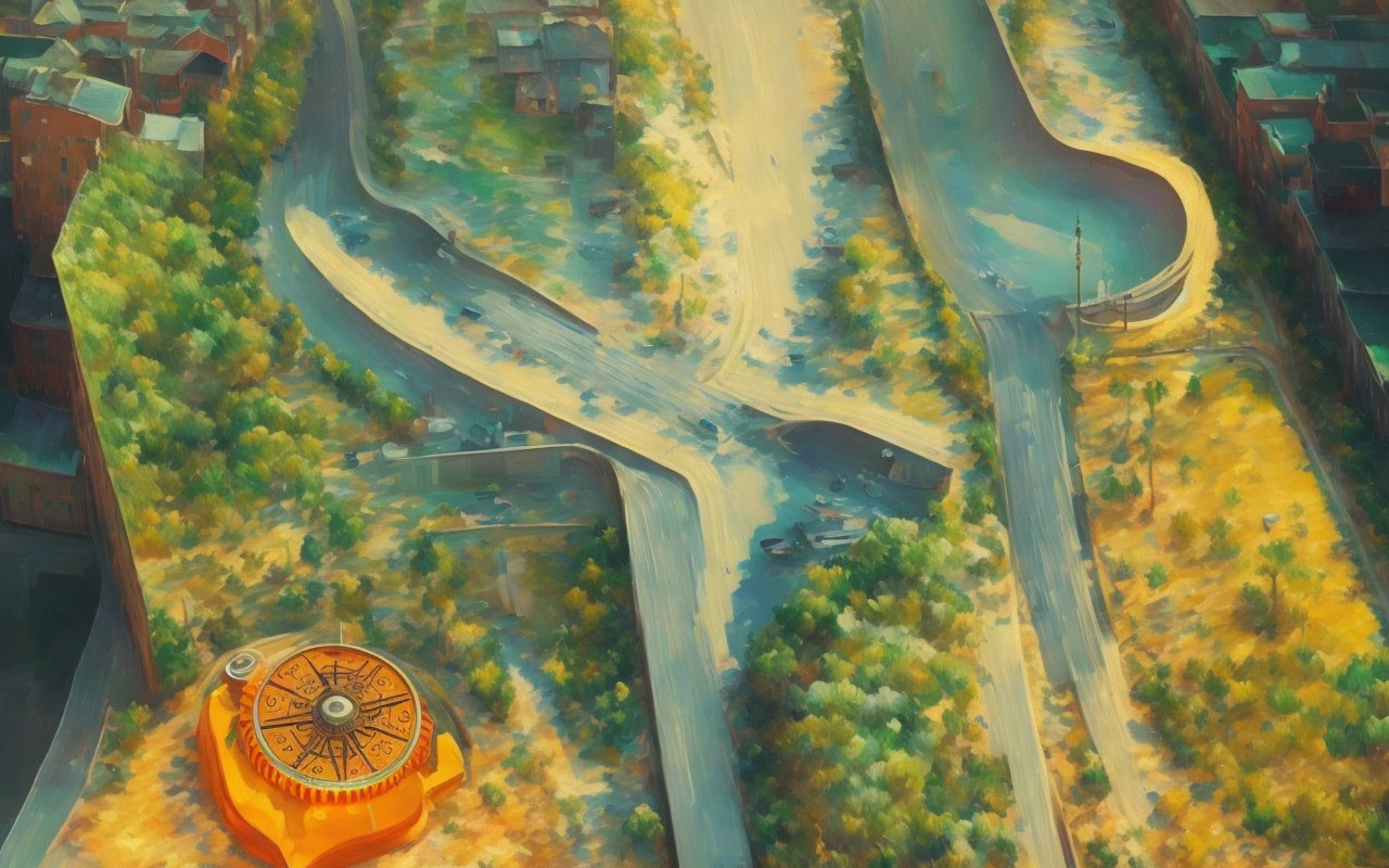 Colorful surreal painting: giant orange rotary phone in forest with winding road.