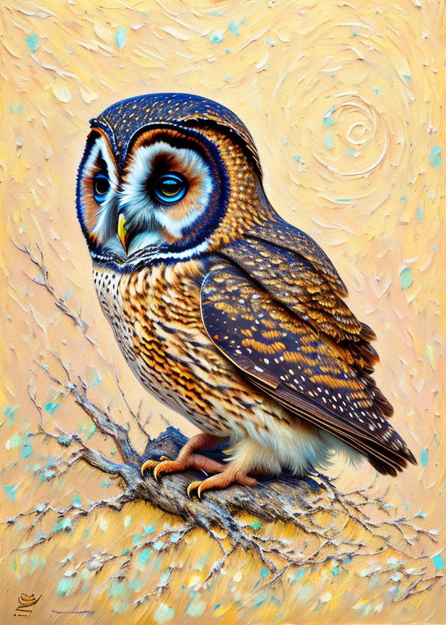 Colorful Owl Illustration Perched on Branch with Feather Details