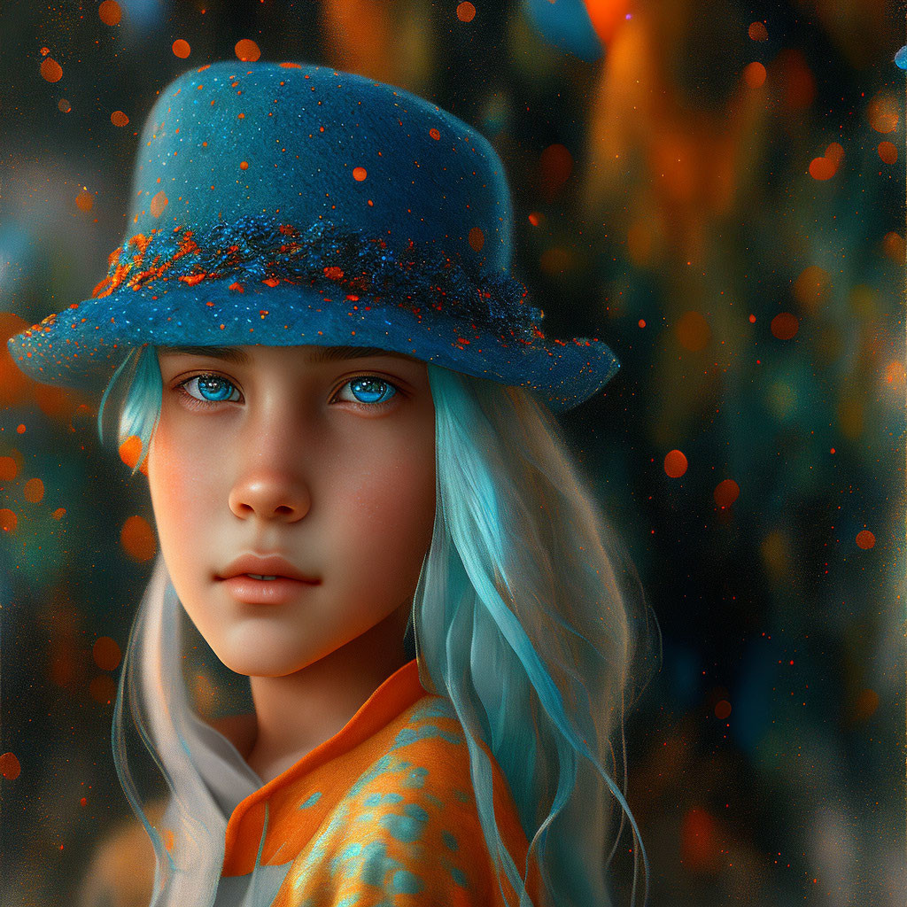 Digital Artwork: Girl with Blue Eyes in Blue Hat and Orange Garment