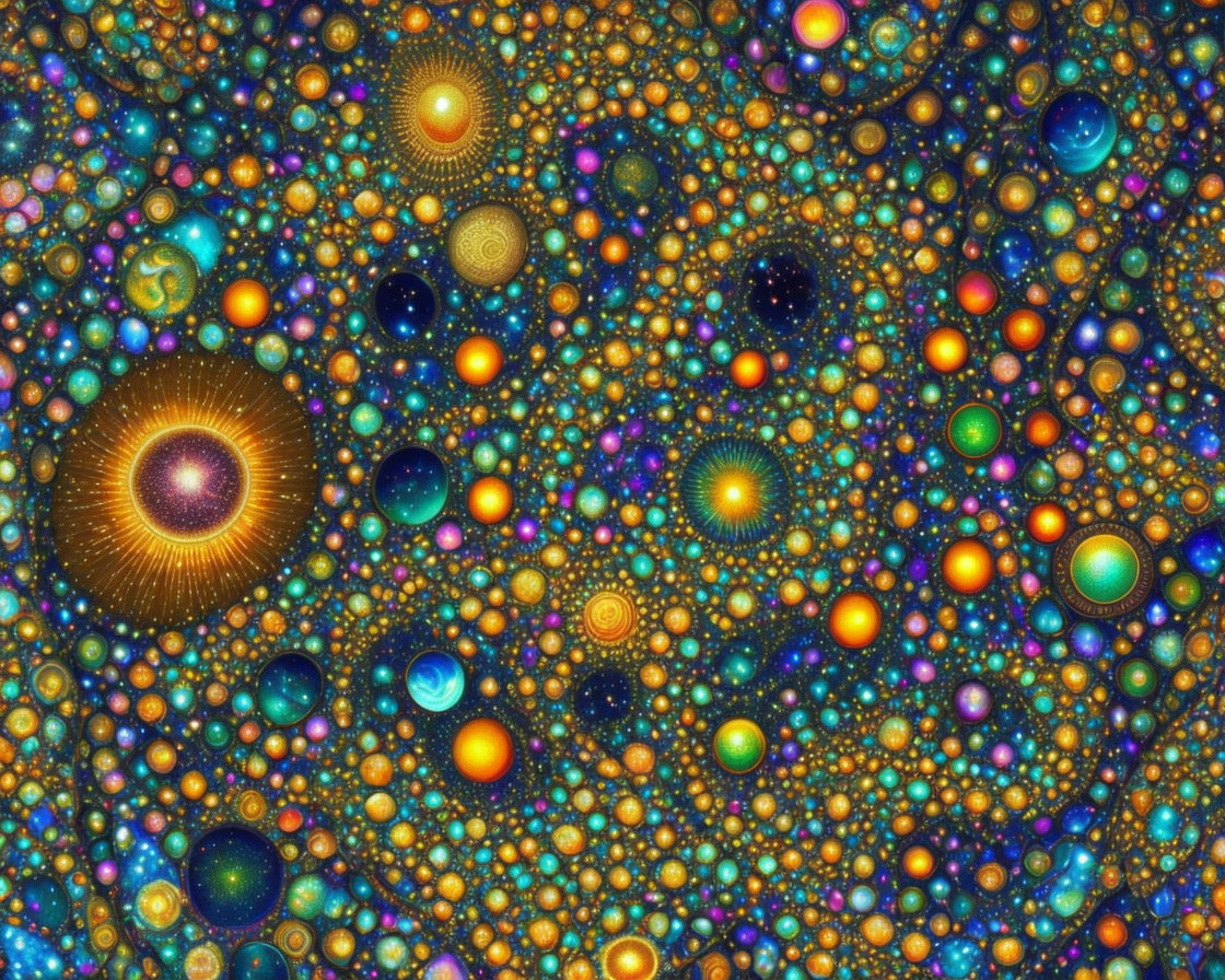 Colorful fractal pattern with circles and orbs in various sizes and textures on a multicolored background