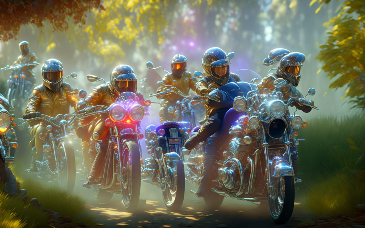 Motorcyclists riding on sunlit road with autumn trees, glowing headlights