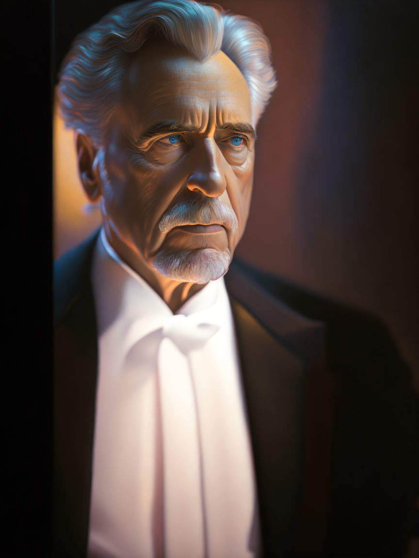 Silver-haired gentleman in tuxedo with white bow tie gazes thoughtfully.