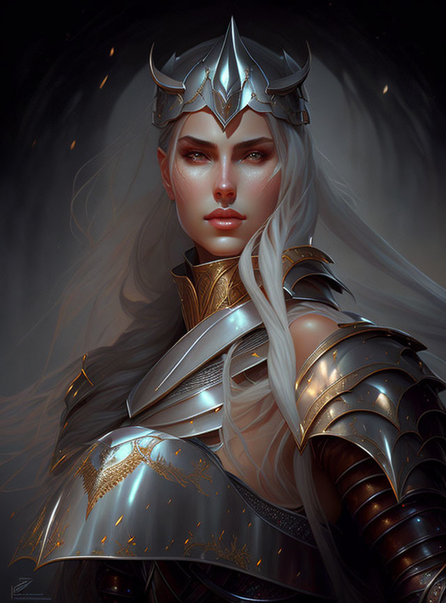 Fantasy warrior woman with long white hair in silver and gold armor