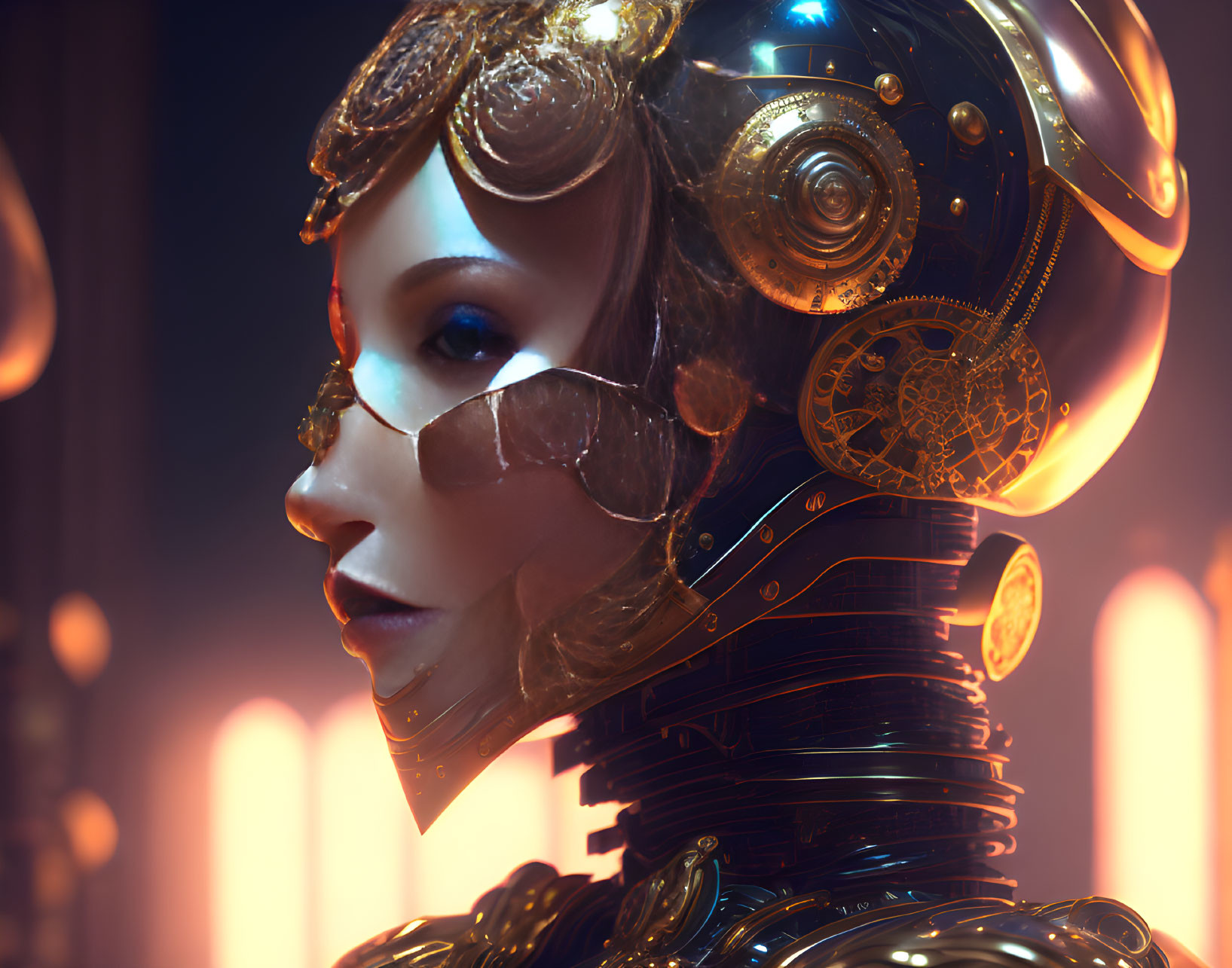 Female android with golden headgear and mechanical details on warm background