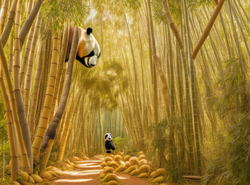 Two pandas in bamboo forest under golden light