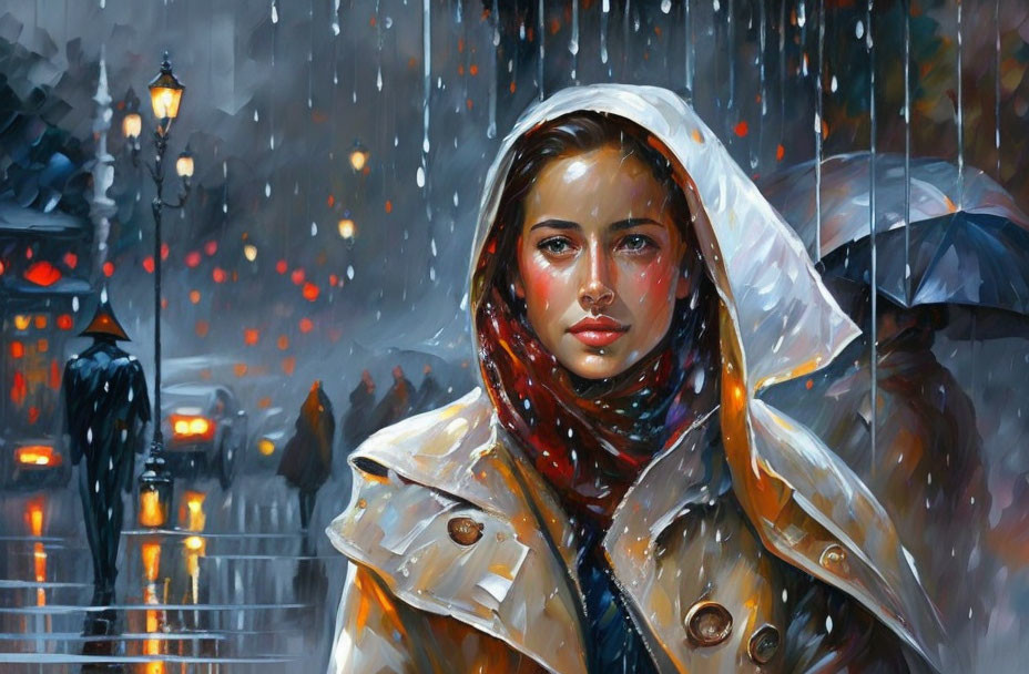 Woman in raincoat and headscarf standing in rainy city night with street lamps and blurred lights.