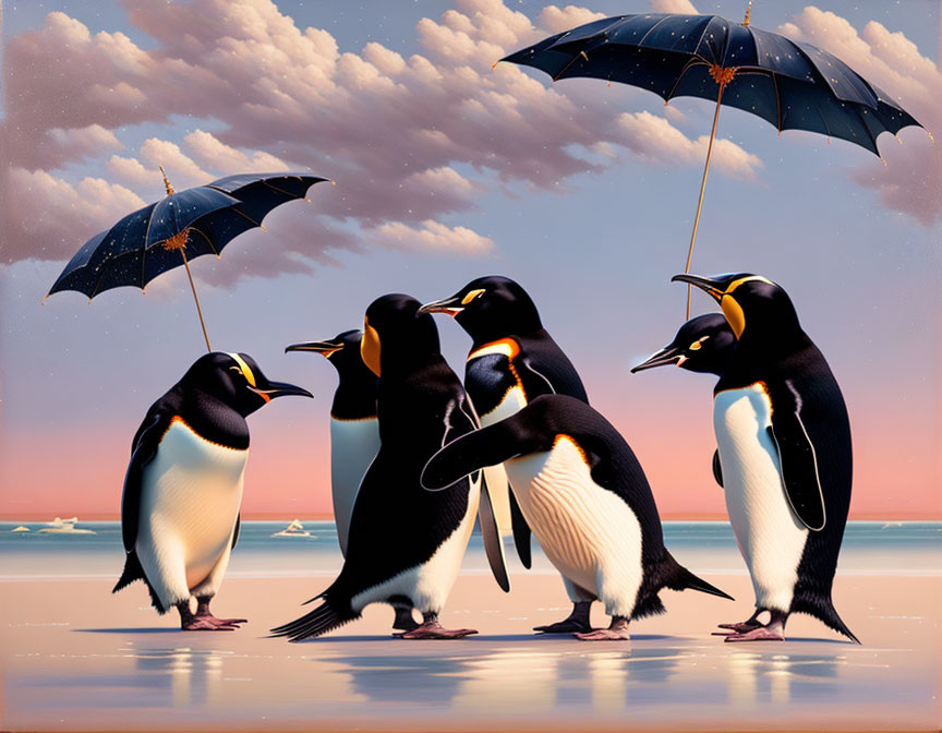 Group of penguins with umbrellas on icy surface at sunset