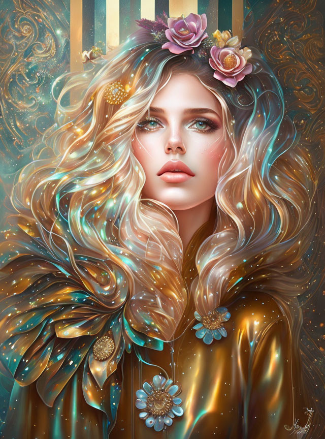 Blonde Woman Portrait with Flowers and Golden Dress