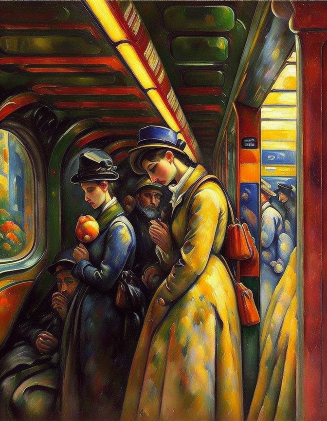 Impressionistic Painting of People in Vintage Attire on Vibrant Train Car