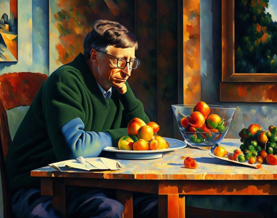 Man in green sweater with glasses sitting at table with fruit bowls in sunlight