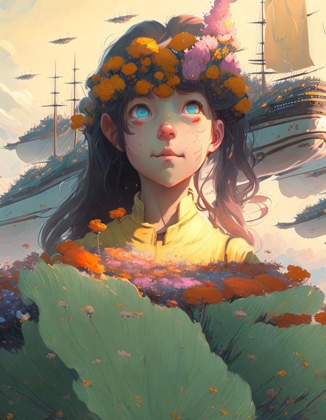 Whimsical illustration of girl with floral crown and fantasy ships in sky