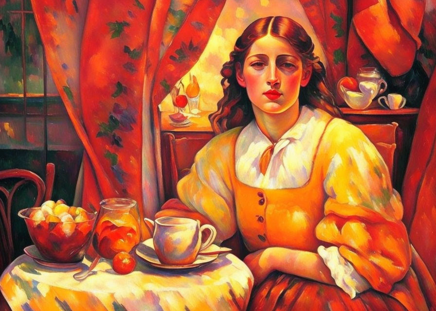 Vibrant painting of woman with fruit, cup, and teapot