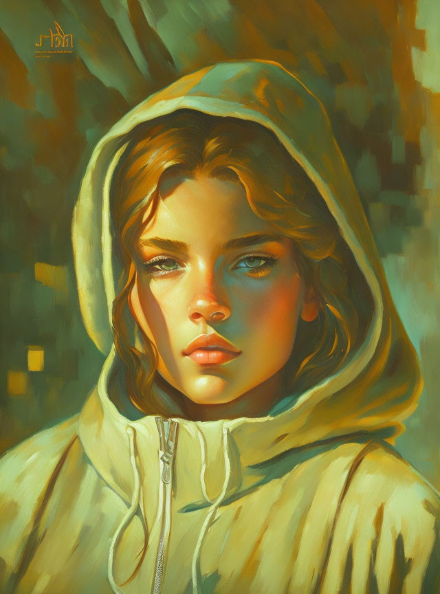 Digital portrait of woman with wavy hair and blue eyes in hooded garment under warm light