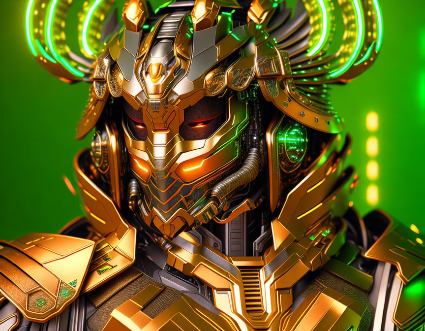 Detailed robotic figure in gold and bronze armor on vibrant green background